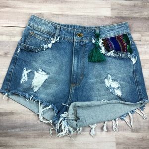 Agua De Coco Distressed Boho Embellished Shorts